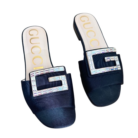 Gucci Shoes - Gucci Nero Black Moire Fabric Crystal G Buckle Slide Sandals 551445 Size 35.5